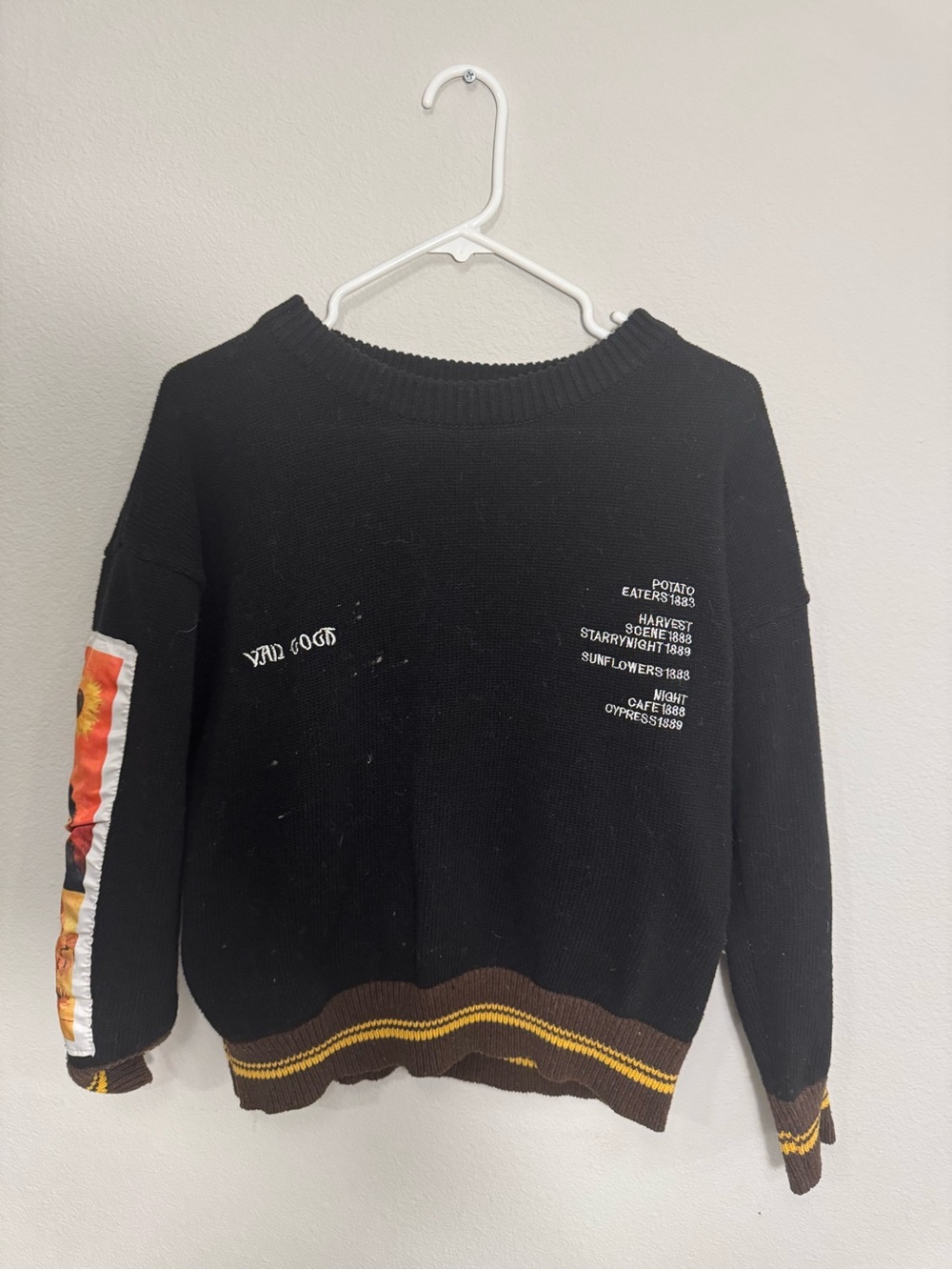Aelfric Eden Black Crewneck Sweater with Sunflower Sleeve Panel Van Gogh